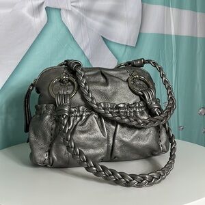 B. MAKOWSKI Pebbled Leather Hobo Bag A211928 Grey Pockets Braided Straps Classic